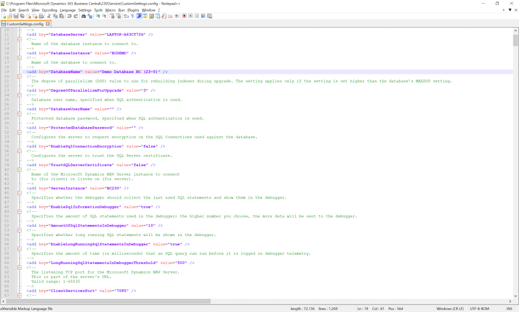 CustomSettings.config Business Central Server - Server Settings